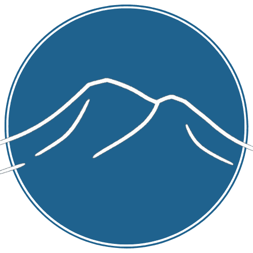 Blue circle with a white line drawing of Mt. Shasta.