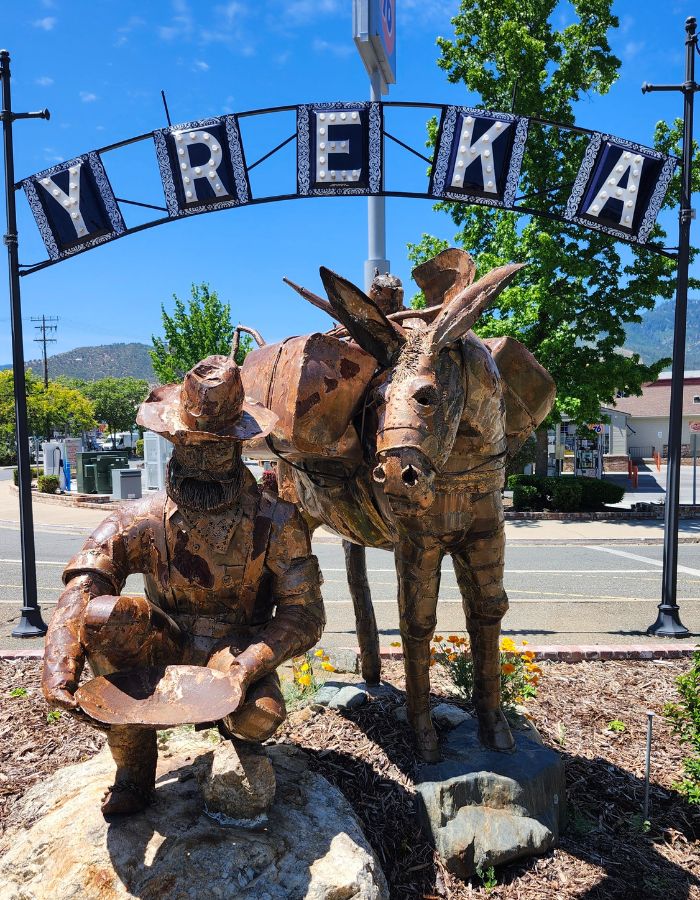 Sculpture of a gold prospector crouching with a pan beside a pack mule, both made of rusted metal, set on large rocks under an arch that reads “YREKA” in bold letters. The scene is in a sunny downtown area with trees, traffic signs, and mountains in the distance.